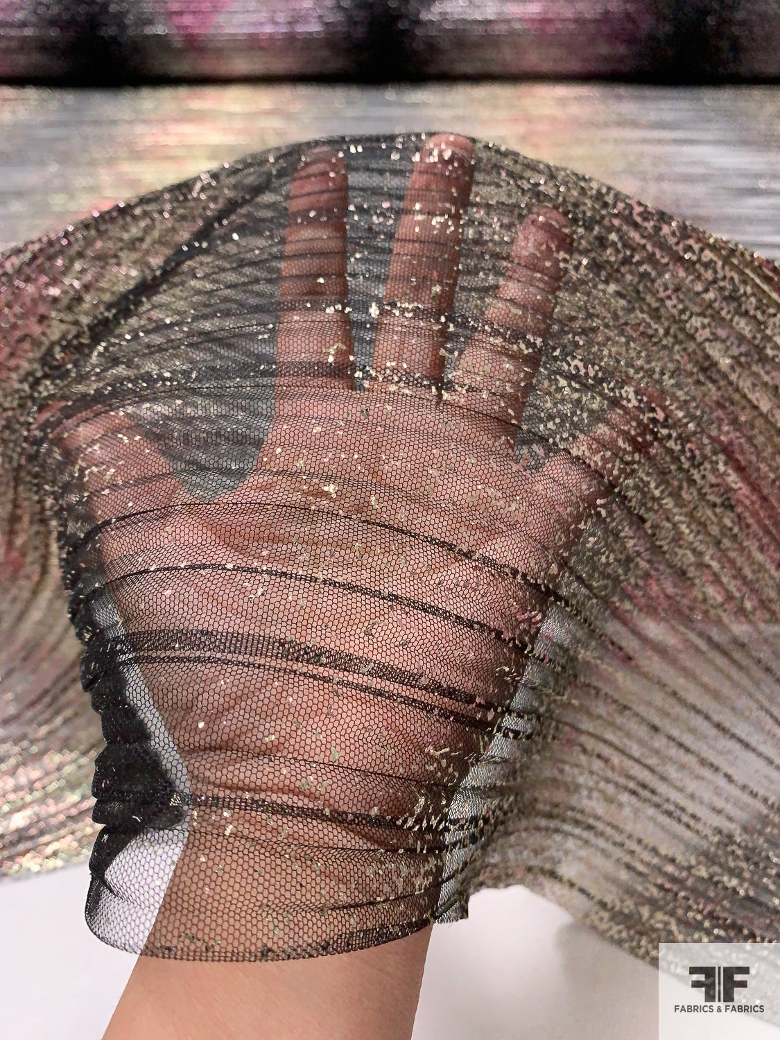 J Mendel Italian Glam Foil Printed Pleated Tulle - Black/Gold/Pink | FABRICS & FABRICS Fabrics & Fabrics J Mendel Italian Glam Foil Printed Pleated Tulle - Black/Gold/Pink | FABRICS & FABRICS Fabrics & Fabrics
