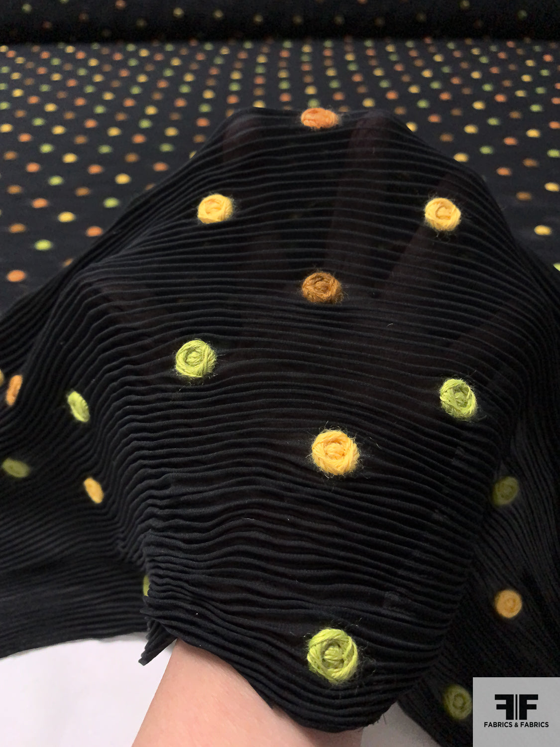 J Mendel Italian Dot Embroidered Pleated Georgette - Black / Yellow / Orange