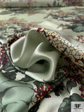 Floral Bouquets Printed Silk Charmeuse - Sage Greens / Maroon / Black