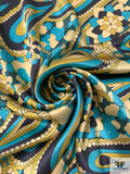 Pucci-esque Paisley Printed Silk Charmeuse - Turquoise / Navy / Olive-Chartreuse / Yellow Cream