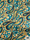 Pucci-esque Paisley Printed Silk Charmeuse - Turquoise / Navy / Olive-Chartreuse / Yellow Cream