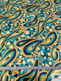 Pucci-esque Paisley Printed Silk Charmeuse - Turquoise / Navy / Olive-Chartreuse / Yellow Cream