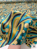 Pucci-esque Paisley Printed Silk Charmeuse - Turquoise / Navy / Olive-Chartreuse / Yellow Cream