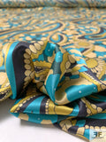 Pucci-esque Paisley Printed Silk Charmeuse - Turquoise / Navy / Olive-Chartreuse / Yellow Cream