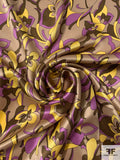 Exotic Floral Printed Silk Charmeuse - Violet / Yellow / Tan / Brown