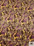 Exotic Floral Printed Silk Charmeuse - Violet / Yellow / Tan / Brown