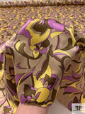 Exotic Floral Printed Silk Charmeuse - Violet / Yellow / Tan / Brown