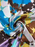 Angular Floral Printed Silk Charmeuse - Blue / Yellow / Brown / Off-White / Lavender