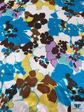 Angular Floral Printed Silk Charmeuse - Blue / Yellow / Brown / Off-White / Lavender