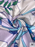 Lines and Floral Printed Glittered Silk Charmeuse - Blues / Lavender / Green / Silver