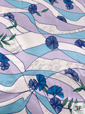 Lines and Floral Printed Glittered Silk Charmeuse - Blues / Lavender / Green / Silver