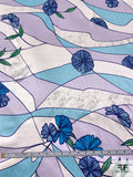 Lines and Floral Printed Glittered Silk Charmeuse - Blues / Lavender / Green / Silver