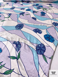 Lines and Floral Printed Glittered Silk Charmeuse - Blues / Lavender / Green / Silver