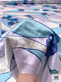 Lines and Floral Printed Glittered Silk Charmeuse - Blues / Lavender / Green / Silver