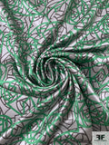 Scribbly Floral Printed Silk Charmeuse - Green / Light Grey / Dark Grey