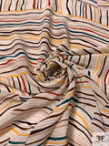 Multi-Directional Wavy Striped Printed Silk Crepe de Chine - Cream / Brown / Yellow / Teal / Tan / Burnt Red