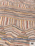 Multi-Directional Wavy Striped Printed Silk Crepe de Chine - Cream / Brown / Yellow / Teal / Tan / Burnt Red