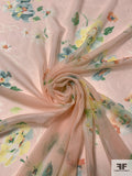 Italian Watercolor Floral Printed Silk Chiffon - Blush Peach / Green / Yellow / Sky Blue