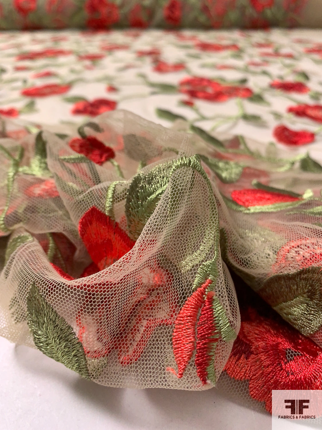 Floral Embroidered Tulle - Red/Pickle Green/Nude