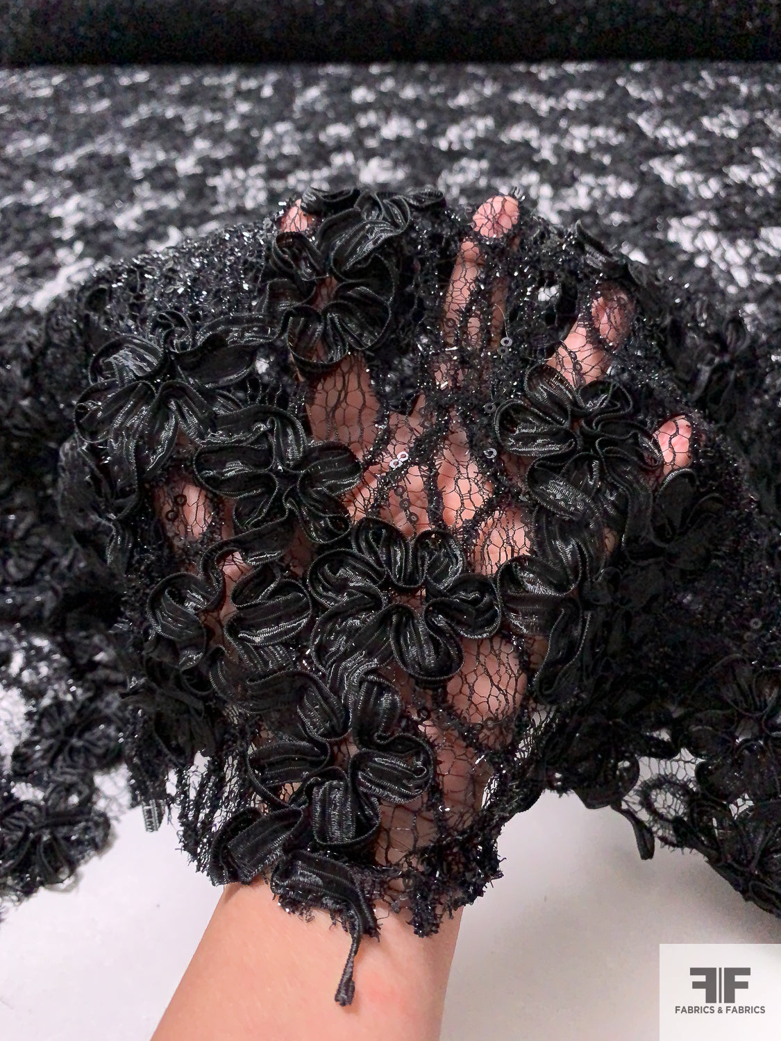 Novelty Tulle-Lace with Ribbon and Metallic Chenille Work and Sequins - Black