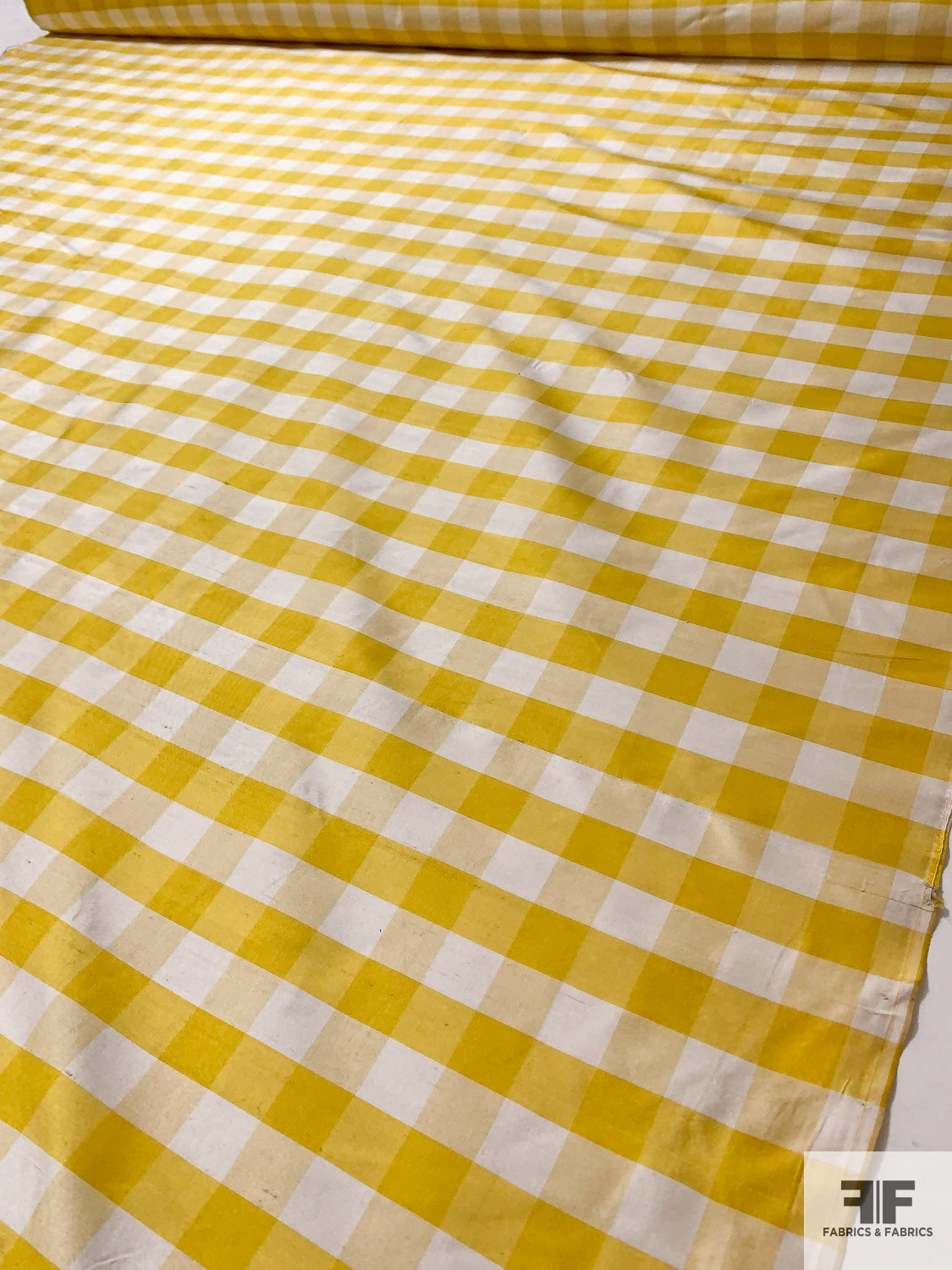 Gingham Check Yarn-Dyed Silk Shantung - Mustard Yellow / White