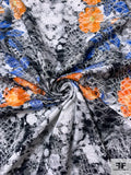 Floral and Alligator Skin Printed Brocade with Mechanical Stretch Panel - Orange / Blue / Black / Off-White / Grey