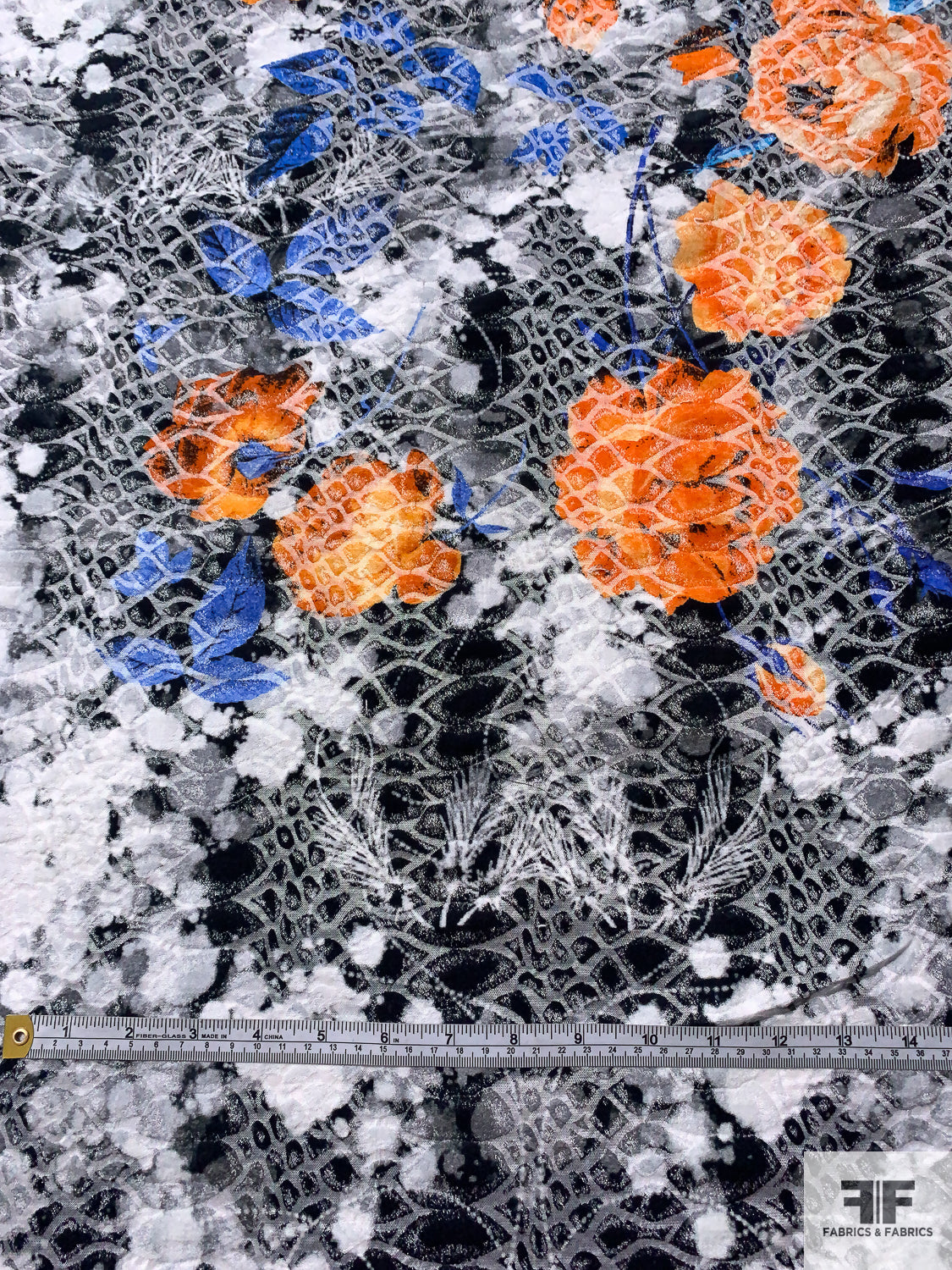 Floral and Alligator Skin Printed Brocade with Mechanical Stretch Panel - Orange / Blue / Black / Off-White / Grey