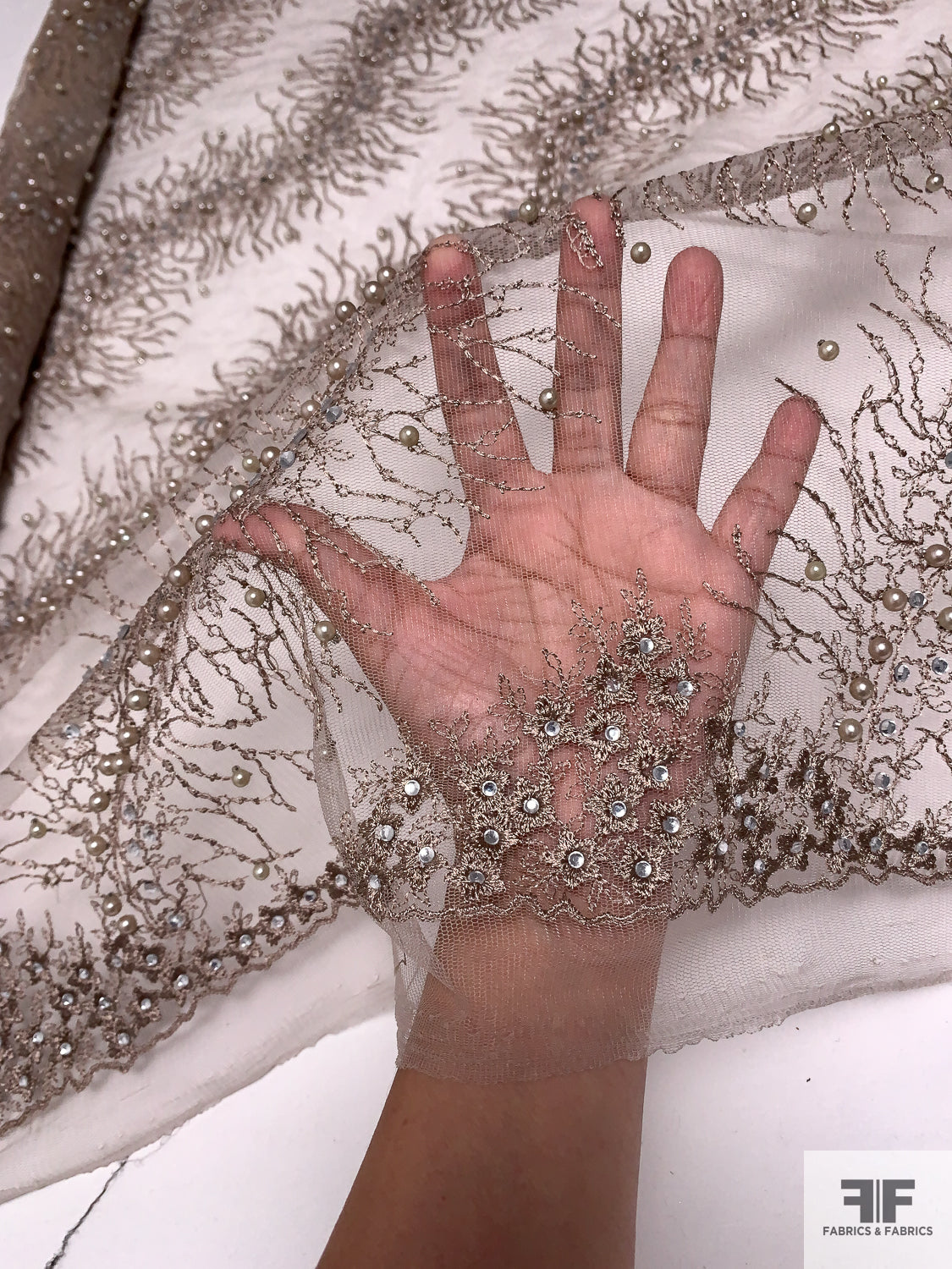 Patterned Tulle Wavy Design Embroidered Tulle with Stones and Pearls - Dusty Mauve ...