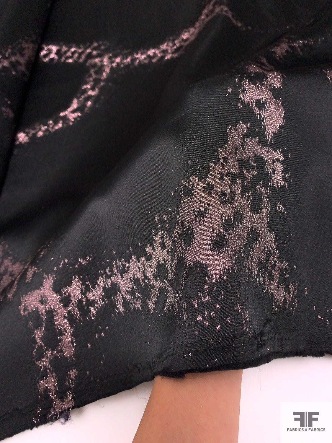 Italian Polyester Mikado with Abstract Metallic Design - Black / Metallic Pink