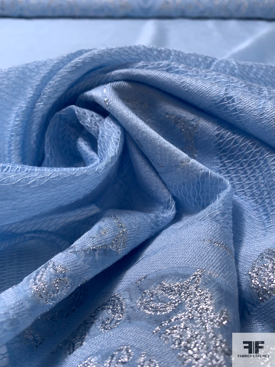 Italian Pique-Weave Novelty Organza Panel - Soft Blue / Silver