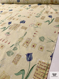 Floral and Script Writing Printed Linen - Cream / Multicolor