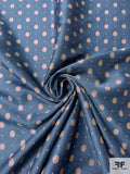 French Daisy Grid Twill-Weave Jacquard Brocade - Antique Blue / Peach / Pink