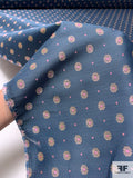French Daisy Grid Twill-Weave Jacquard Brocade - Antique Blue / Peach / Pink