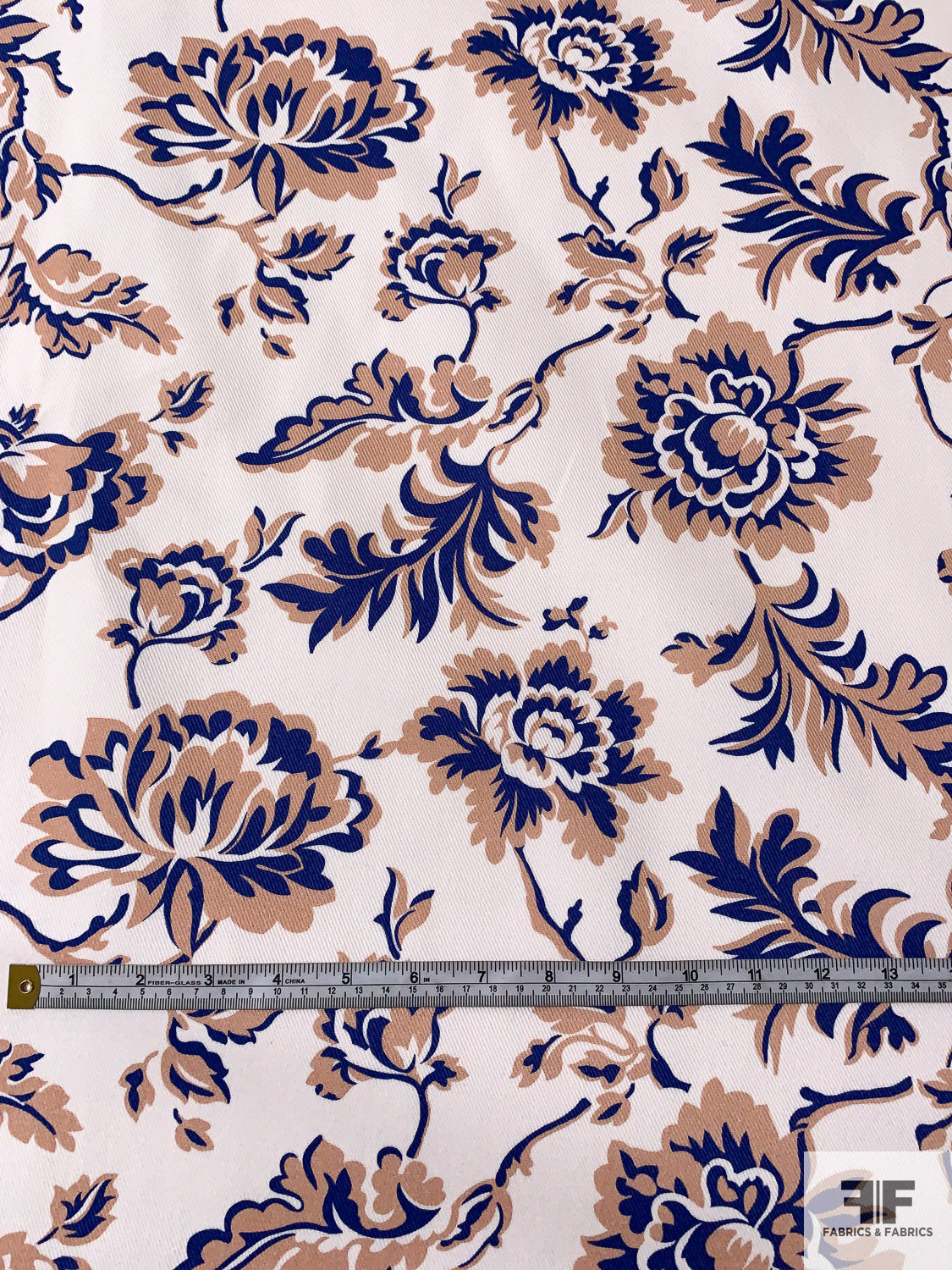 Italian Floral Printed Bottom-Weight Cotton Twill - Blue / Dusty Peach / Off-White