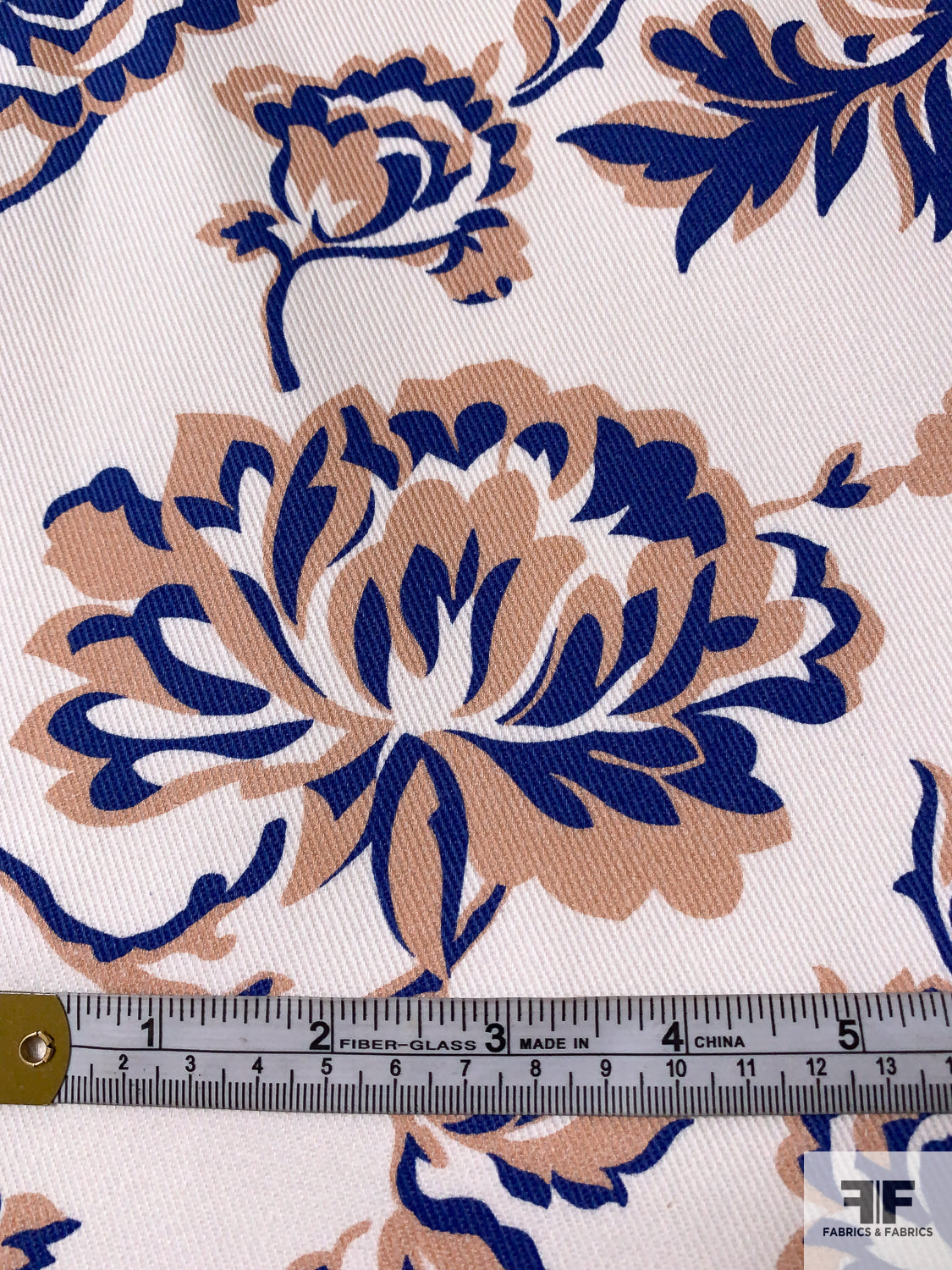 Italian Floral Printed Bottom-Weight Cotton Twill - Blue / Dusty Peach / Off-White