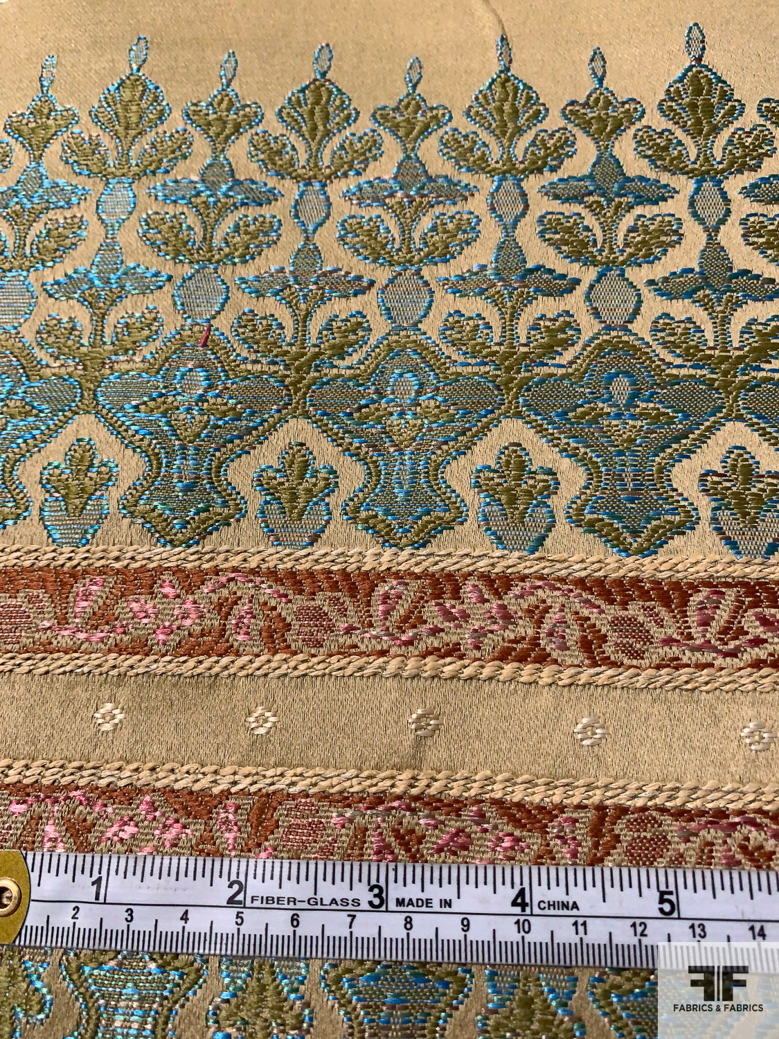 Antique-Look Upholstery Weight Brocade - Ecru / Turquoise / Antique Red