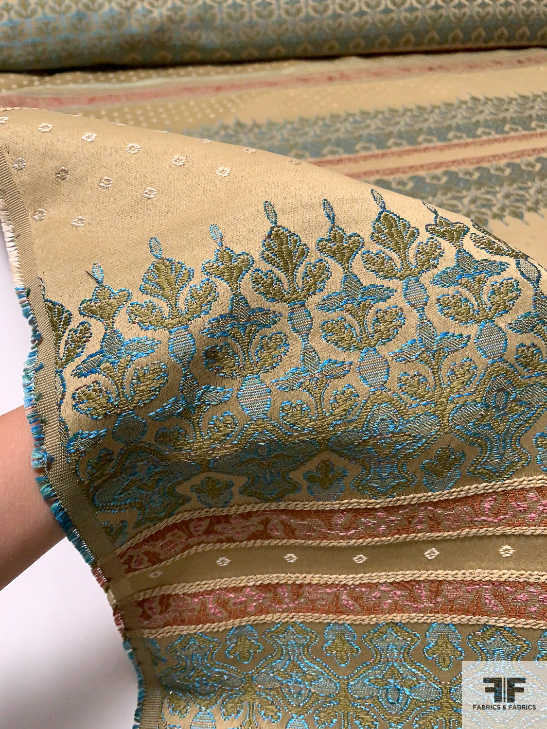 Antique-Look Upholstery Weight Brocade - Ecru / Turquoise / Antique Red