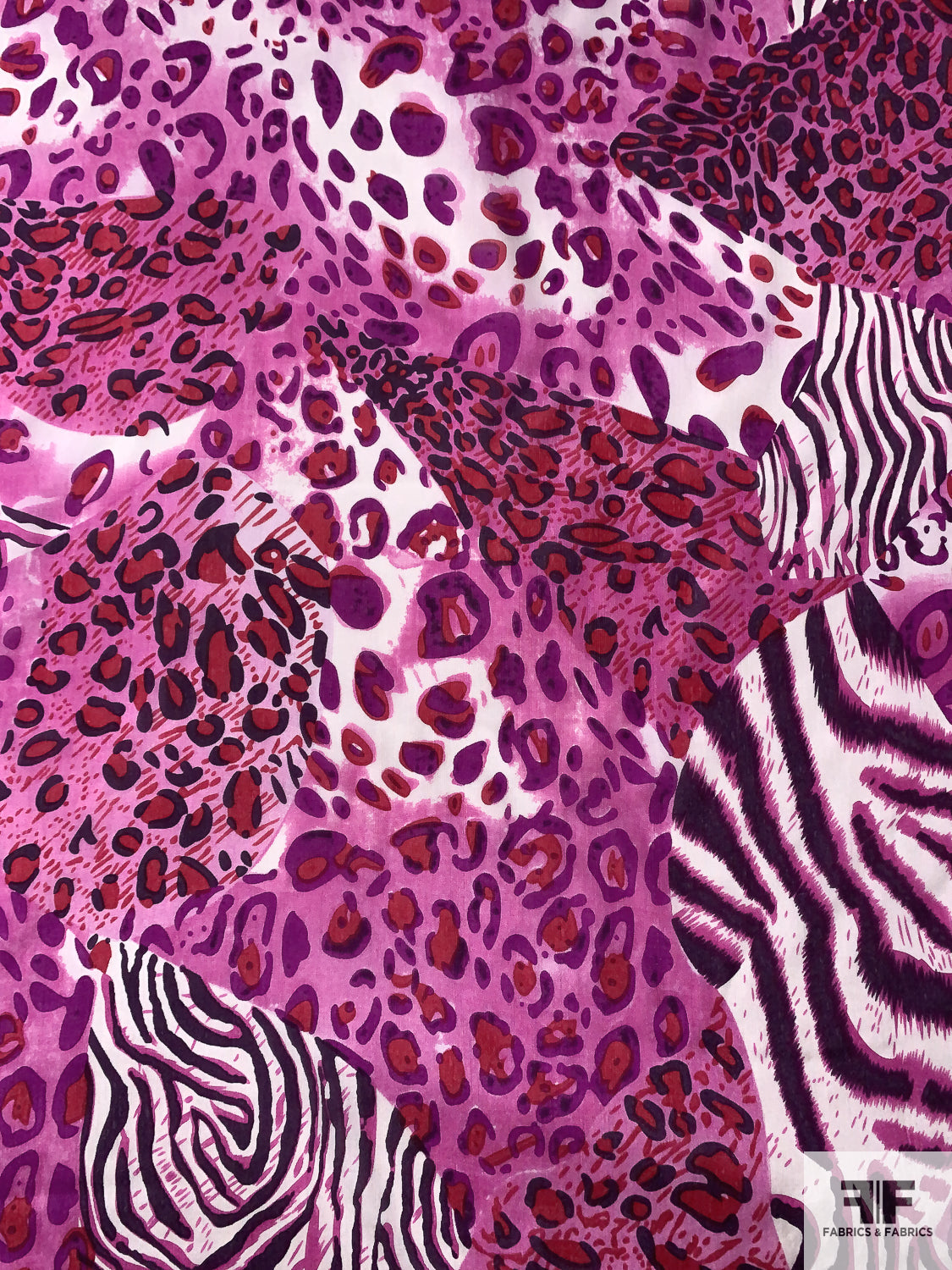 Animal Pattern Collage Printed Lightweight Silk Habotai - Magenta / Purple / Red / Off-White