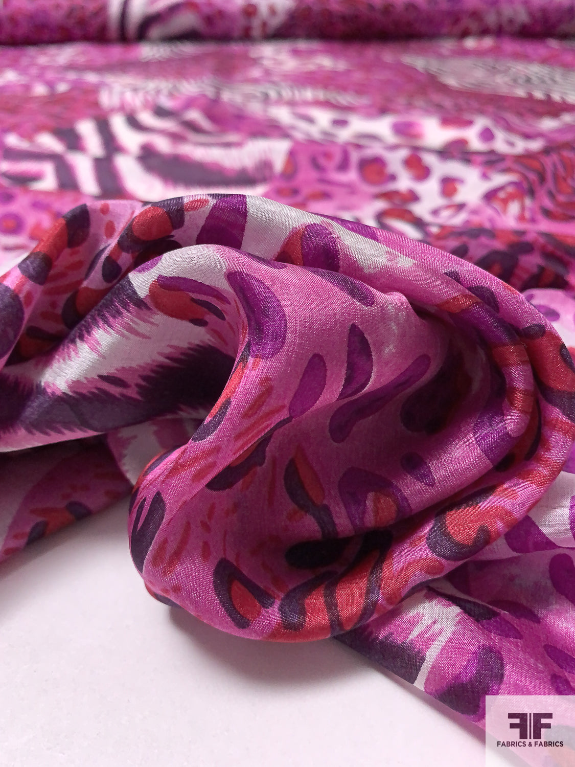 Animal Pattern Collage Printed Lightweight Silk Habotai - Magenta / Purple / Red / Off-White