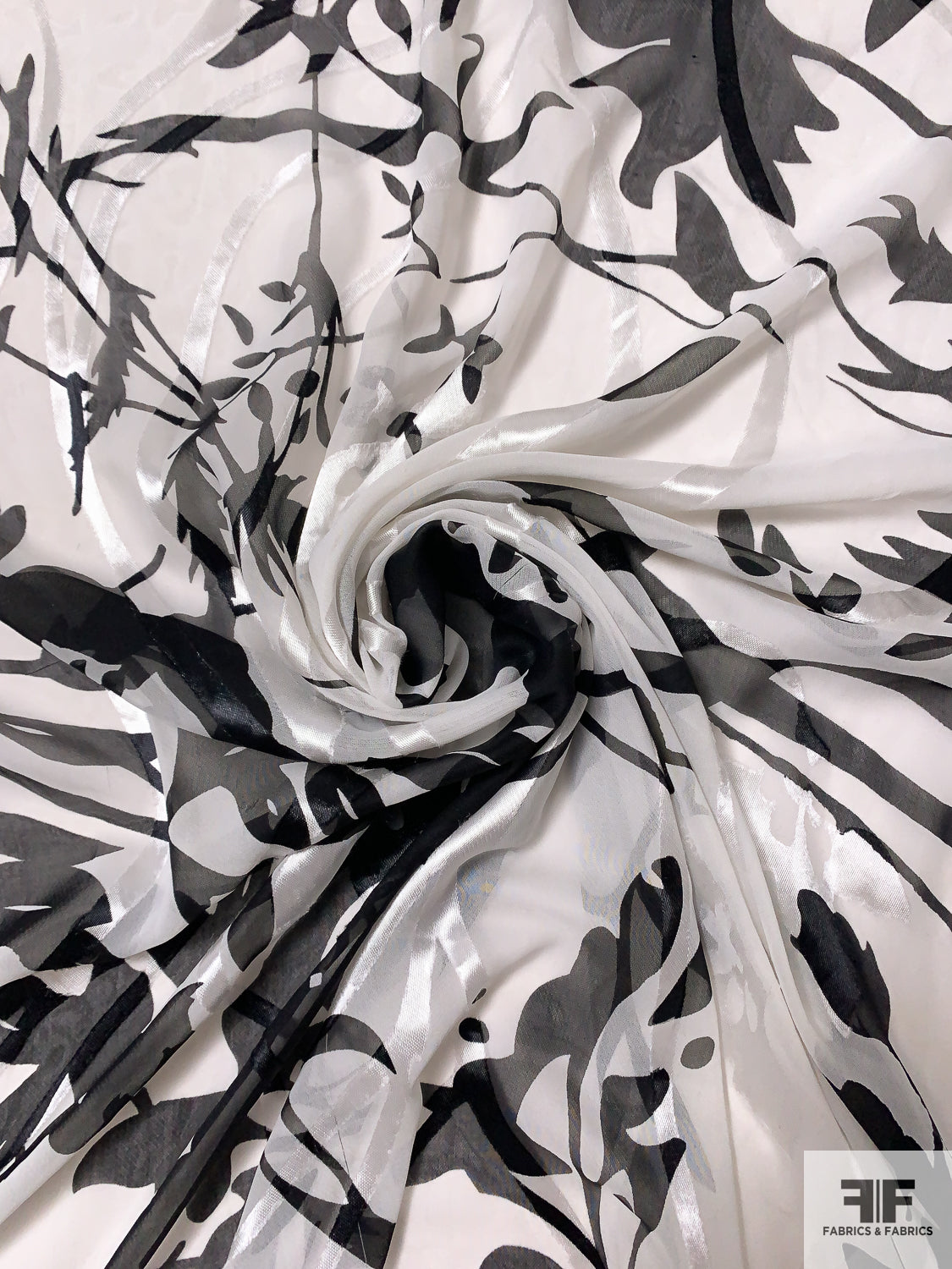 Leaf Stems Silhouette Printed Burnout Silk Chiffon - Black / Off-White