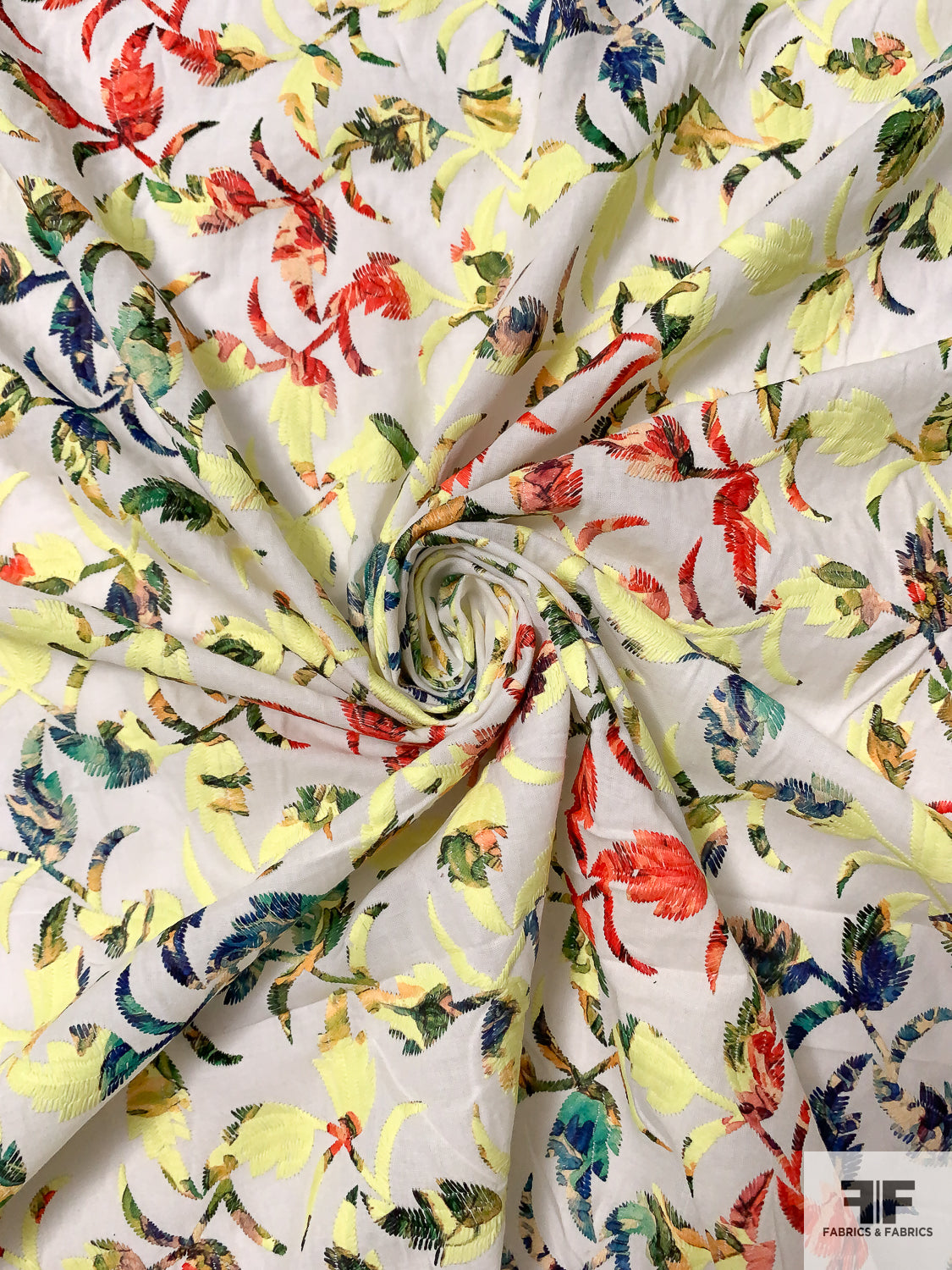 Leaf Vine Embroidered and Printed Cotton Lawn - Yellow / Multicolor