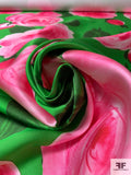 Italian Pamella Roland Floral Printed Polyester Zibeline-Mikado - Green / Pink / Off-White
