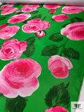 Italian Pamella Roland Floral Printed Polyester Zibeline-Mikado - Green / Pink / Off-White