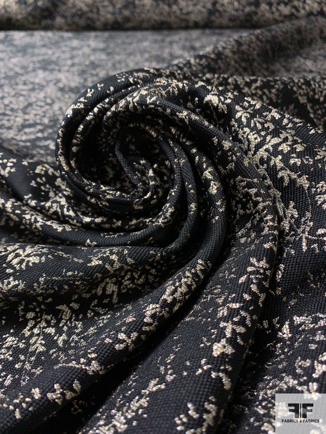Italian Ruffo Coli and Pamella Roland Disty Leaf Metallic Brocade with Fused-Back - Black / Silvery-Gold