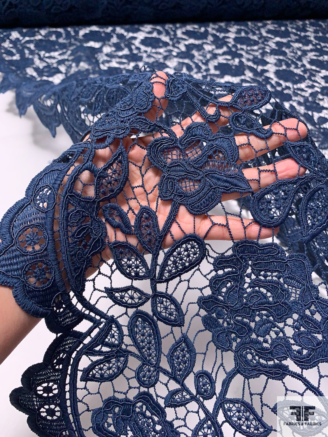 Pamella Roland Double-Scalloped Floral Guipure Lace with Light Cording - Dusty Navy