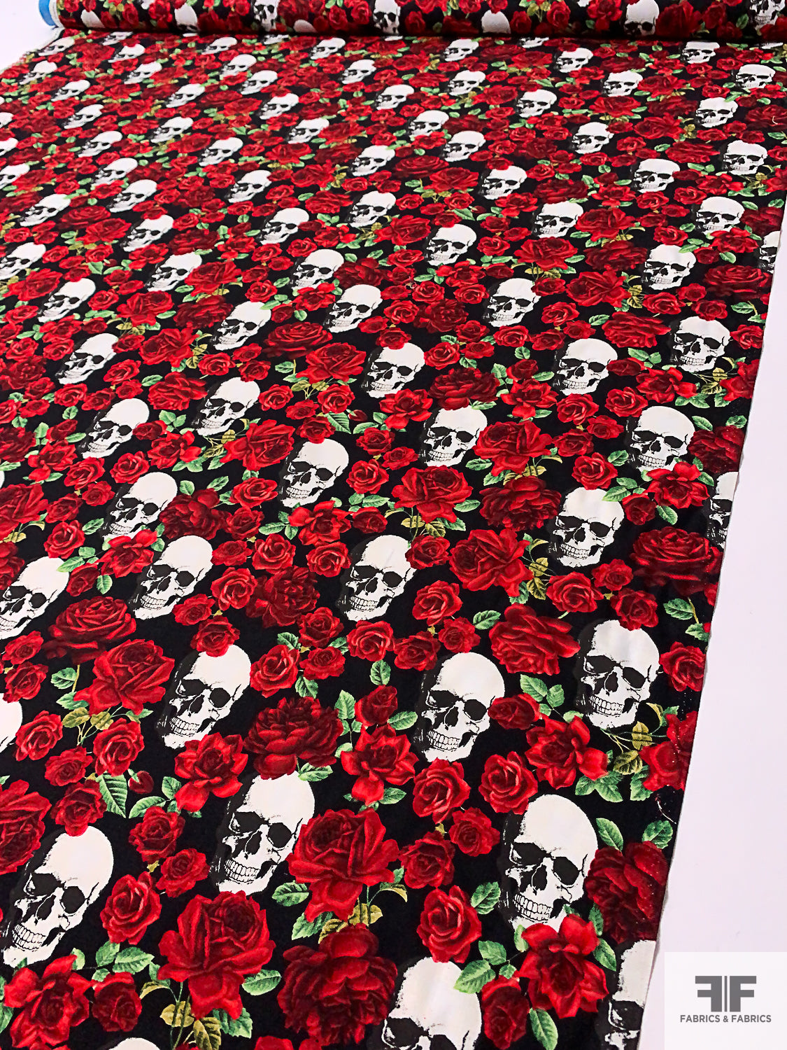 Skulls and Floral Printed Cotton Lawn - Red / Black / Green / White