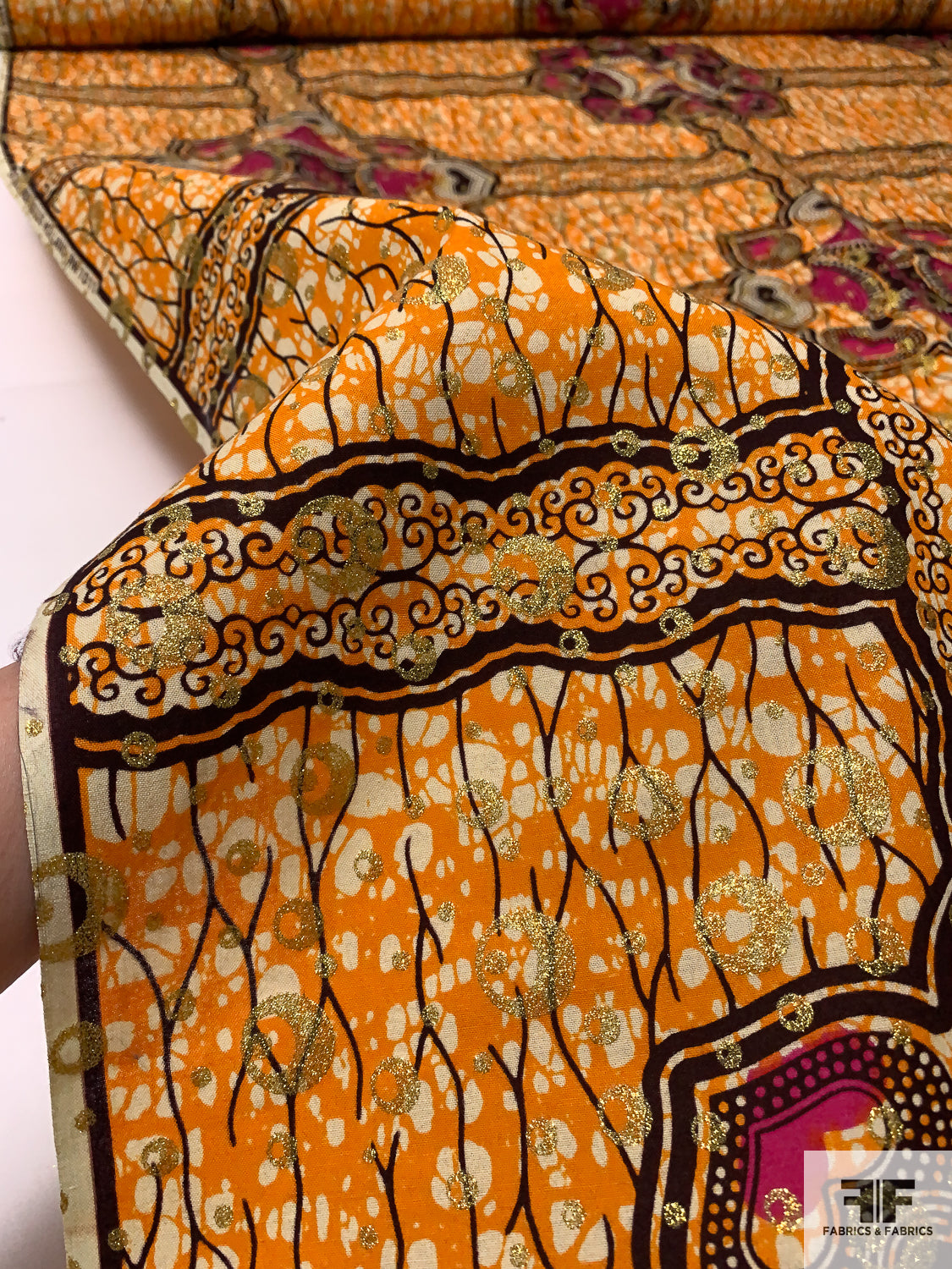 Ethnic Inspired Printed and Glittered Cotton - Orange Peel / Purple / Magenta / Gold