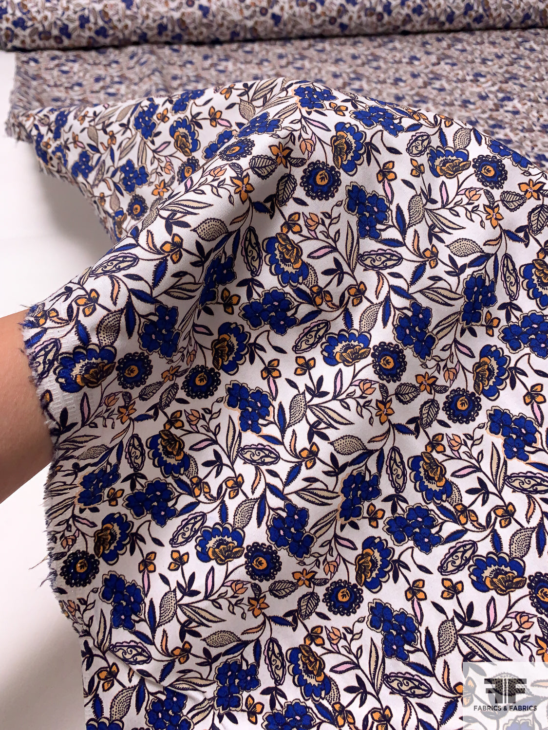 Floral Printed Stretch Cotton Sateen - Blue / Marigold / Beige / Off-White
