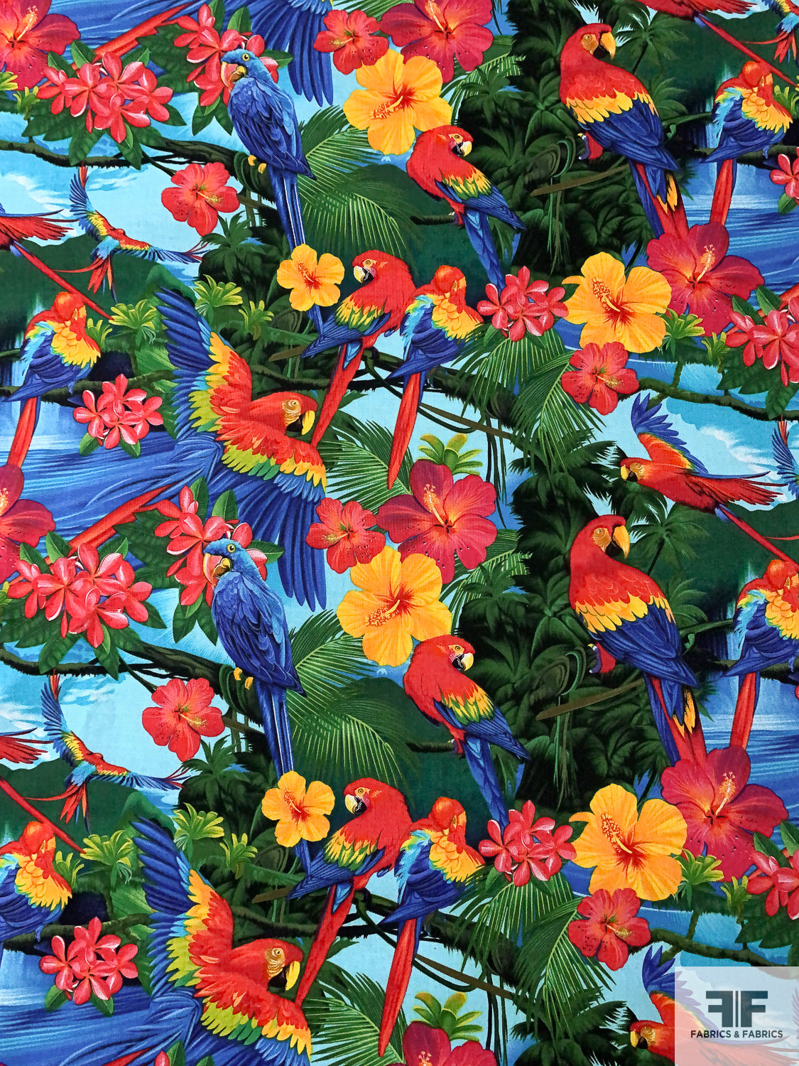 Parrots in the Tropic Printed Fused Cotton Lawn - Greens / Blues / Reds / Marigold