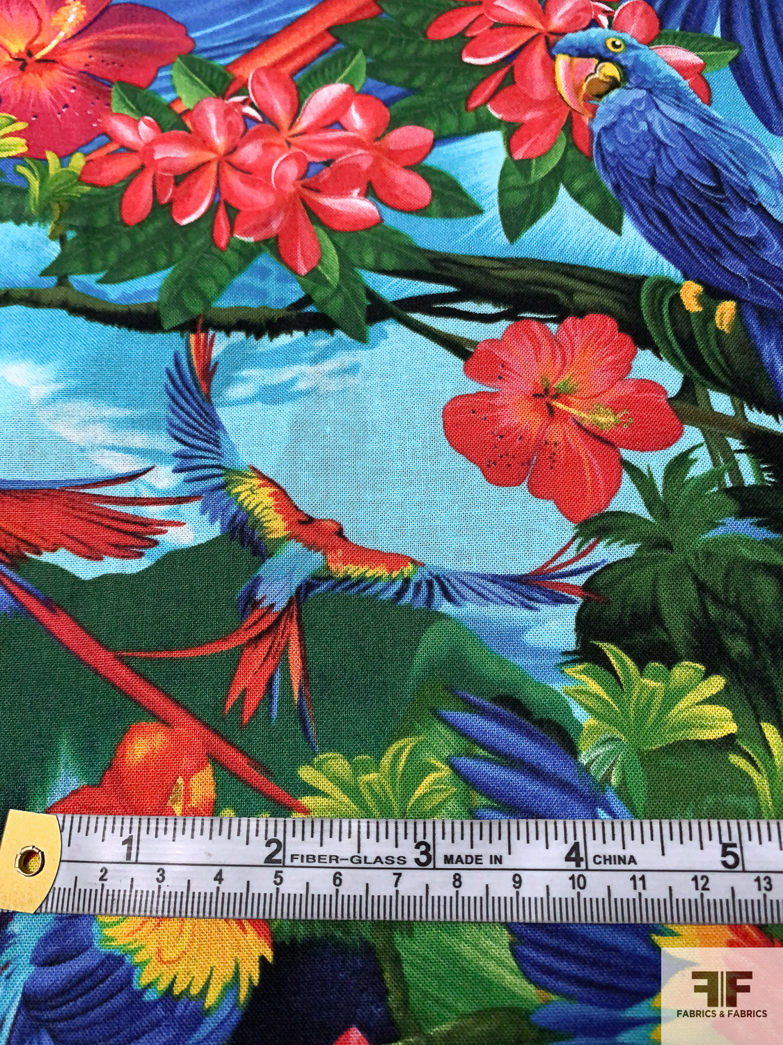 Parrots in the Tropic Printed Fused Cotton Lawn - Greens / Blues / Reds / Marigold